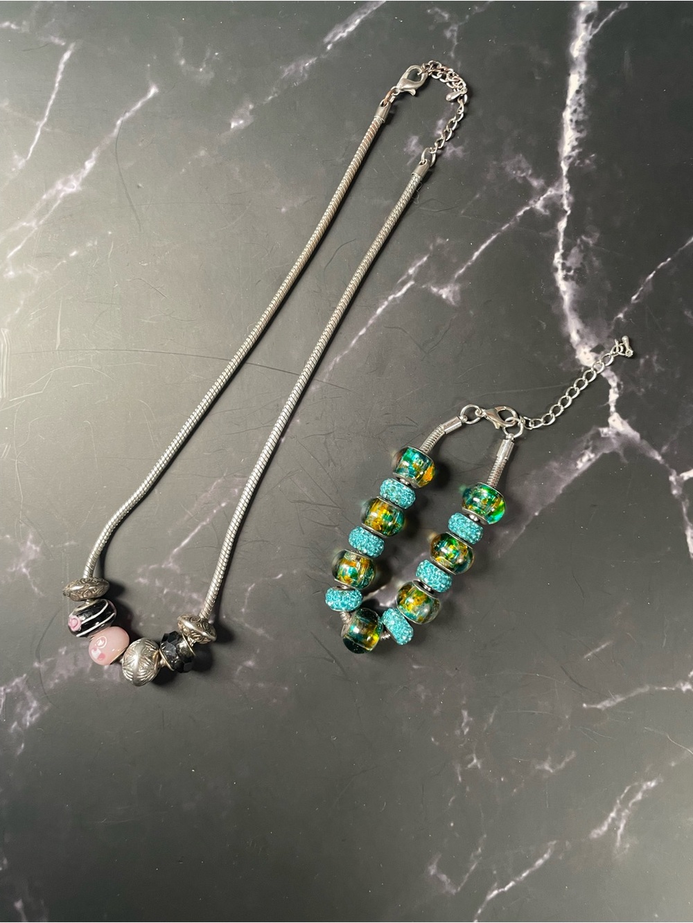 VTG Inspired Silver Snake Chain Charm Necklace & Bracelet Set European Glass